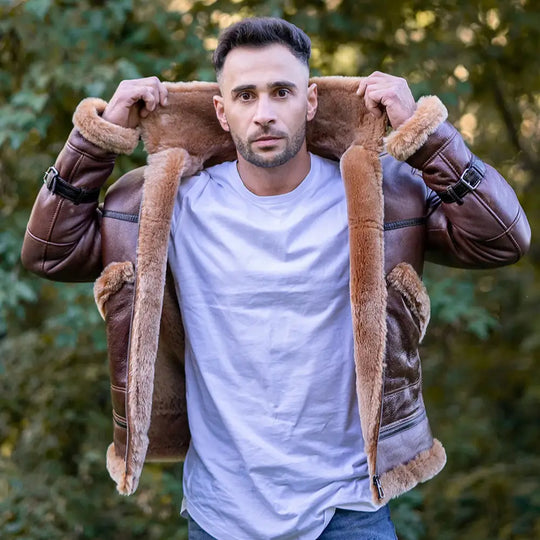 Model wearing Esa Brown Bomber Sheepskin Shearling Jacket with Large Pockets winter outfit