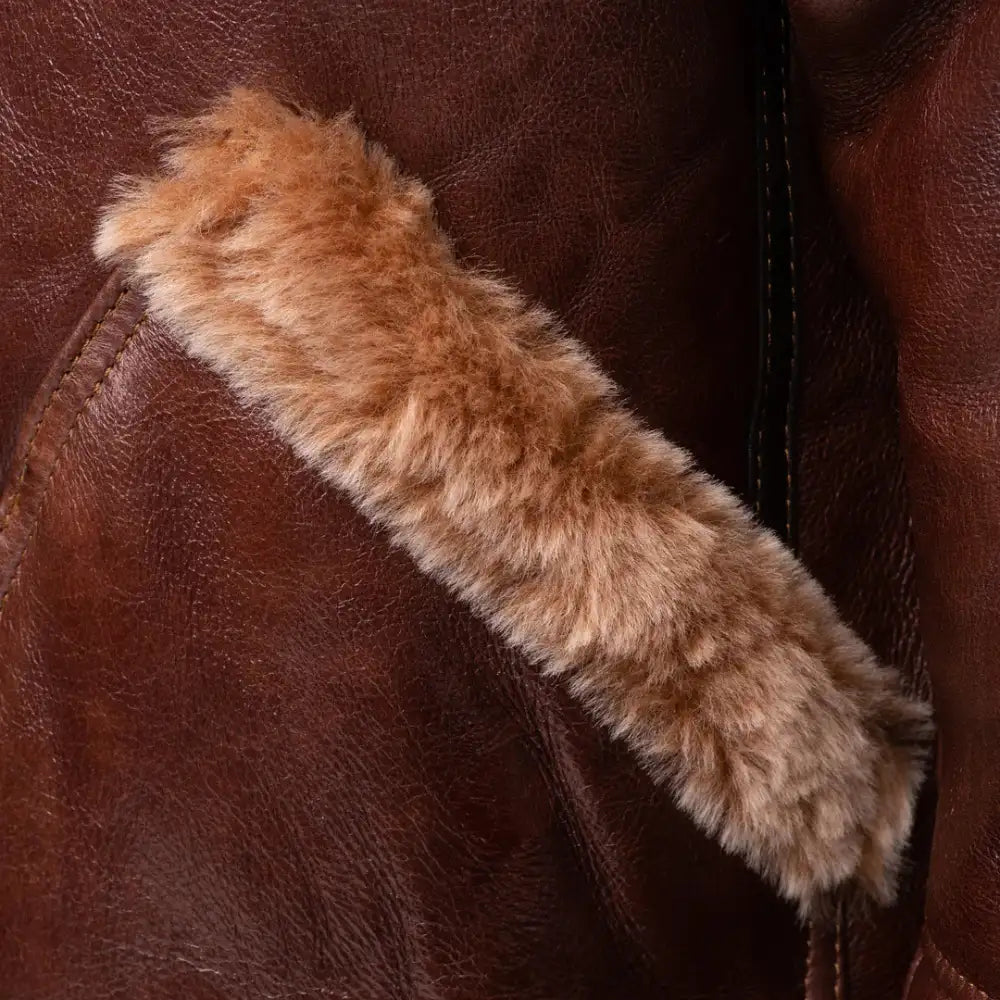 Esa Brown Bomber Sheepskin Shearling Jacket with Large Pockets close up shearling lining detail