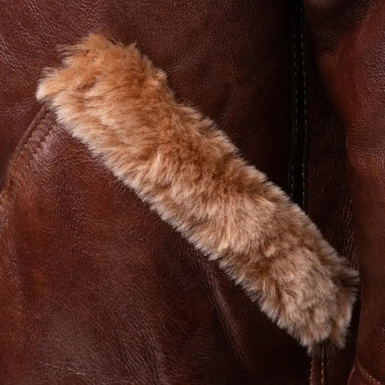 Esa Brown Bomber Sheepskin Shearling Jacket with Large Pockets close up shearling lining detail