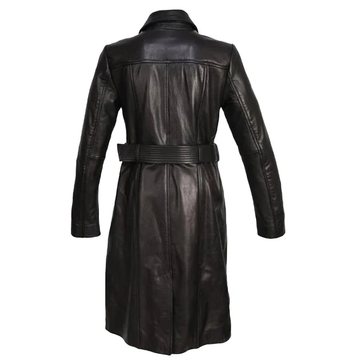 Back view of the Evelyn full length leather overcoat, highlighting the longline silhouette and the adjustable belt loop detail.