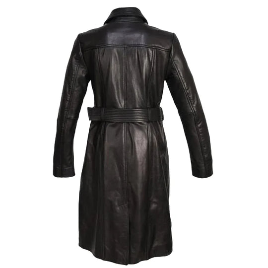 Back view of the Evelyn full length leather overcoat, highlighting the longline silhouette and the adjustable belt loop detail.