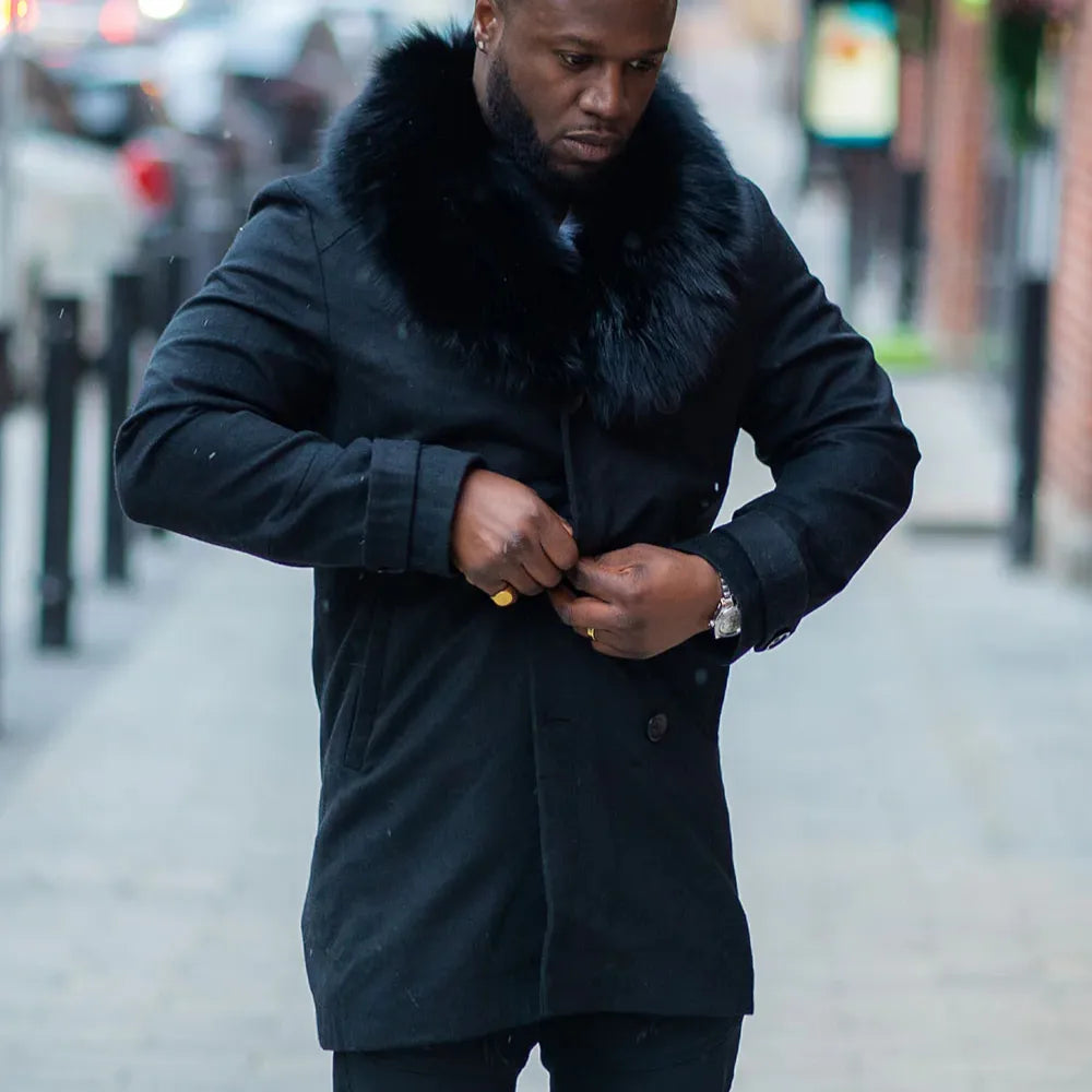 Model wearing Farrel's Cashmere 3/4 Length Trench Coat with Fox Fur Collar elegant winter outfit