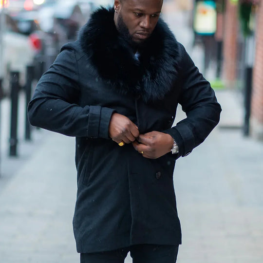 Model wearing Farrel's Cashmere 3/4 Length Trench Coat with Fox Fur Collar elegant winter outfit