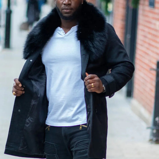 Model styling Farrel's Cashmere 3/4 Length Trench Coat with Fox Fur Collar luxury trench coat look