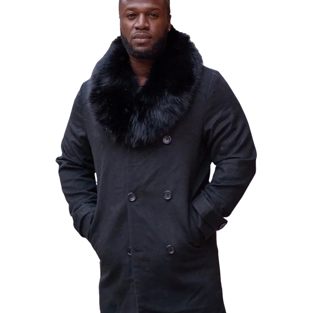 Model wearing Farrel's Cashmere 3/4 Length Trench Coat with Fox Fur Collar mid length coat
