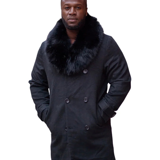 Model wearing Farrel's Cashmere 3/4 Length Trench Coat with Fox Fur Collar mid length coat