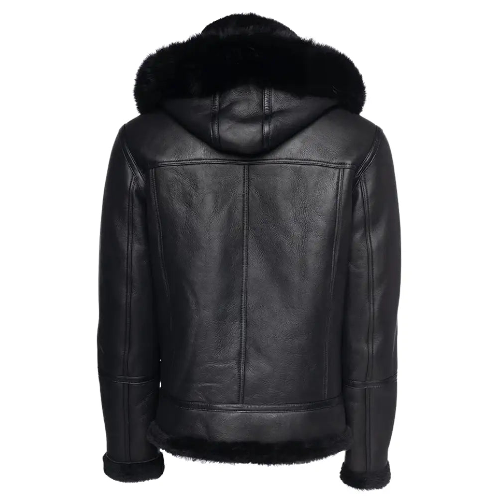Back view of the black bomber shearling jacket with a cozy fur-lined hood, perfect for colder weather while maintaining a rugged, fashionable look.