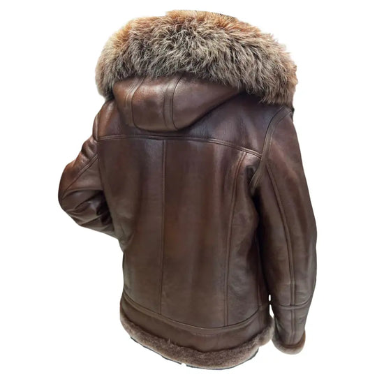 Back view of the Felix brown shearling bomber jacket showing the seamless leather hood construction and fur trim detail.