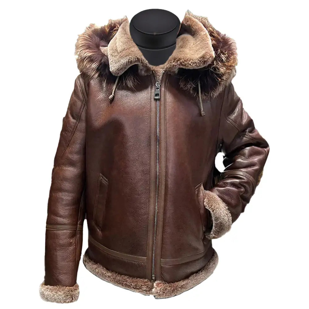 Felix Brown Bomber Jacket with Hoodie front view brown leather bomber jacket with hood