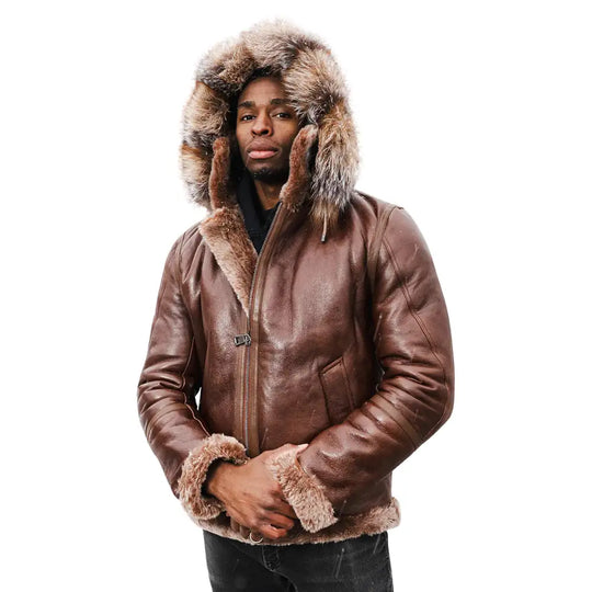 Model styling Felix Brown Bomber Jacket with Hoodie hooded leather jacket look
