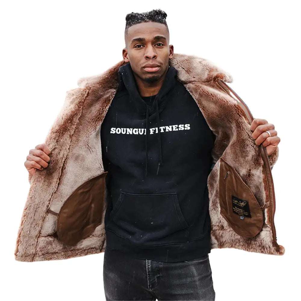 Model wearing Felix Brown Bomber Jacket with Hoodie brown hooded leather jacket