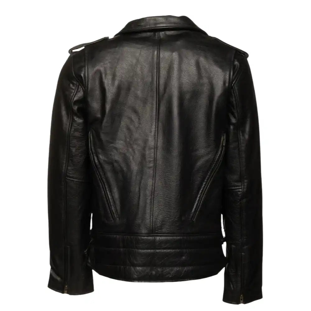 Back view of the Flint jacket showing the traditional action-back shoulder pleats for increased arm reach and a clean, heavy-duty leather finish.