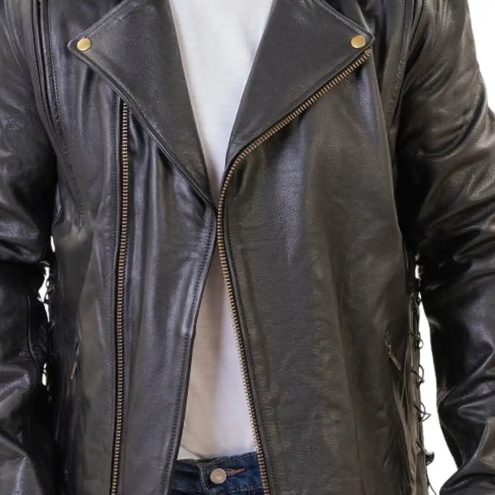 Detailed shot of the multiple zippered utility pockets and the small coin flap pocket, characteristic of the authentic double rider design.