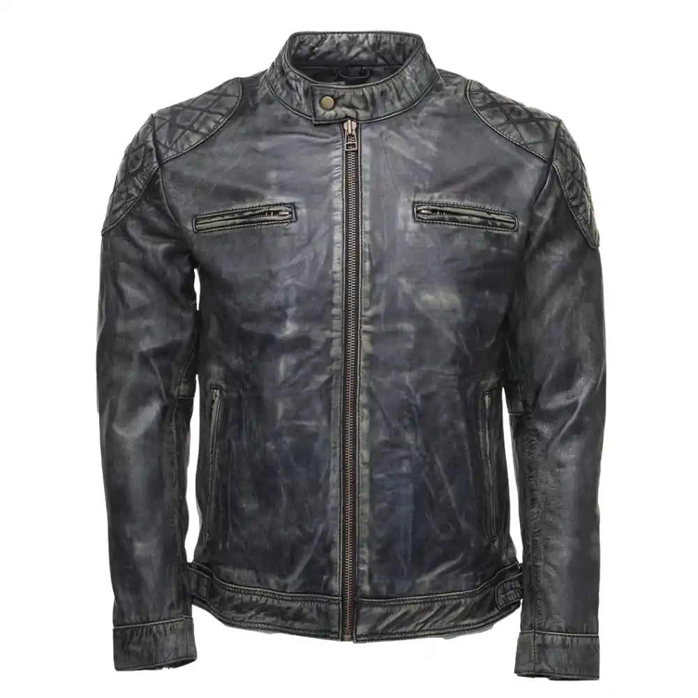 Grayson Stone Wash Cafe Racer Jacket front view stone wash leather cafe racer jacket