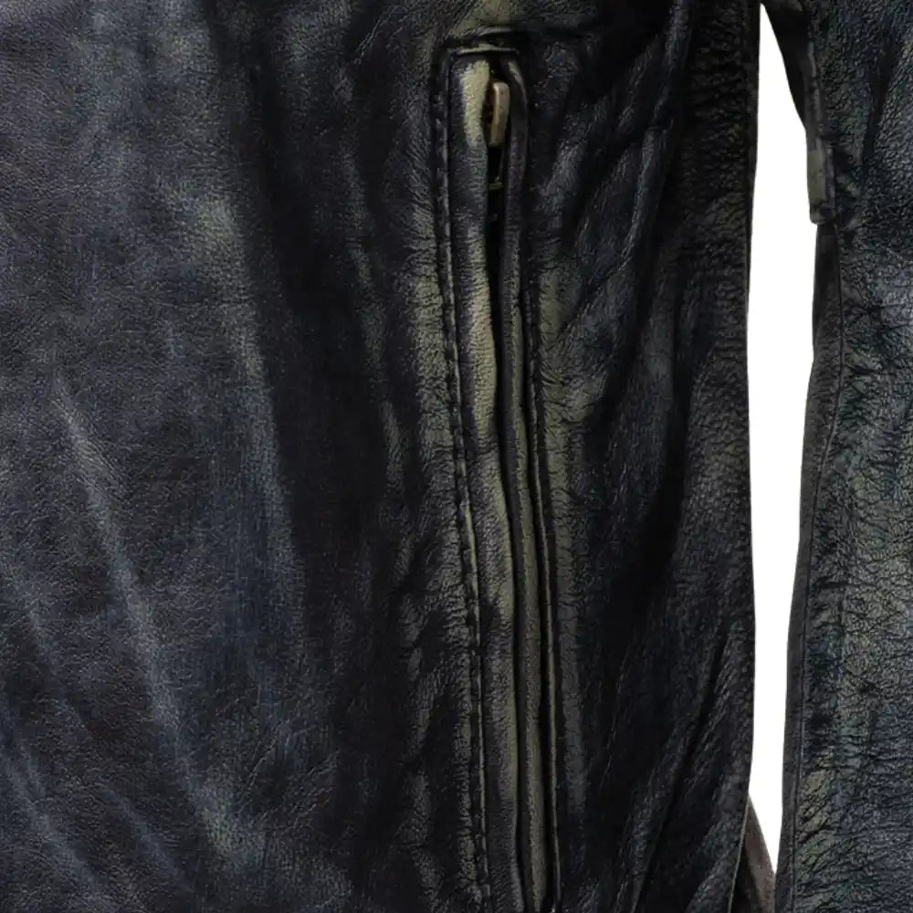 Grayson Stone Wash Cafe Racer Jacket close up of zip pocket on leather racer jacket