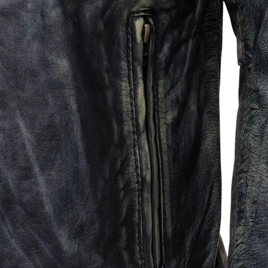 Grayson Stone Wash Cafe Racer Jacket close up of zip pocket on leather racer jacket