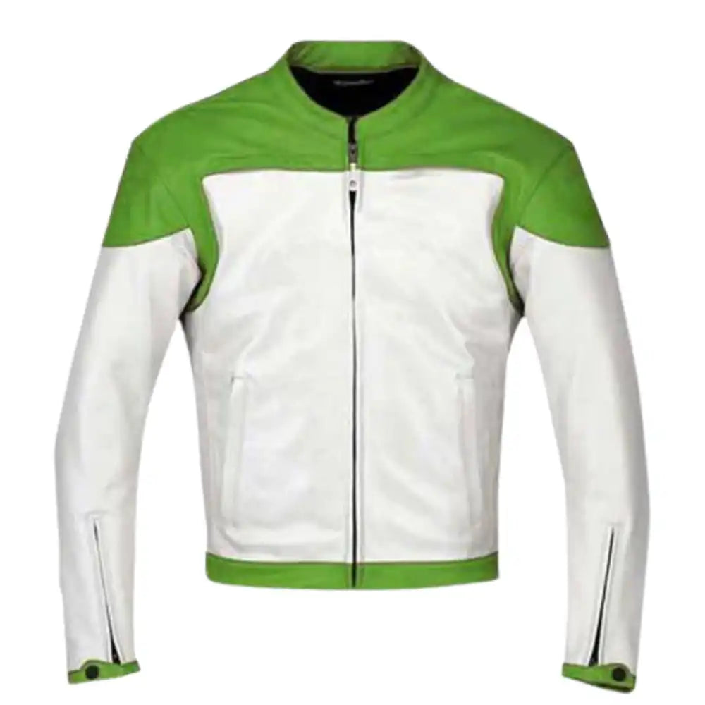 Front view of the green and white armored leather jacket, featuring a bold "electric green" chest panel with white racing accents and a central zip closure.