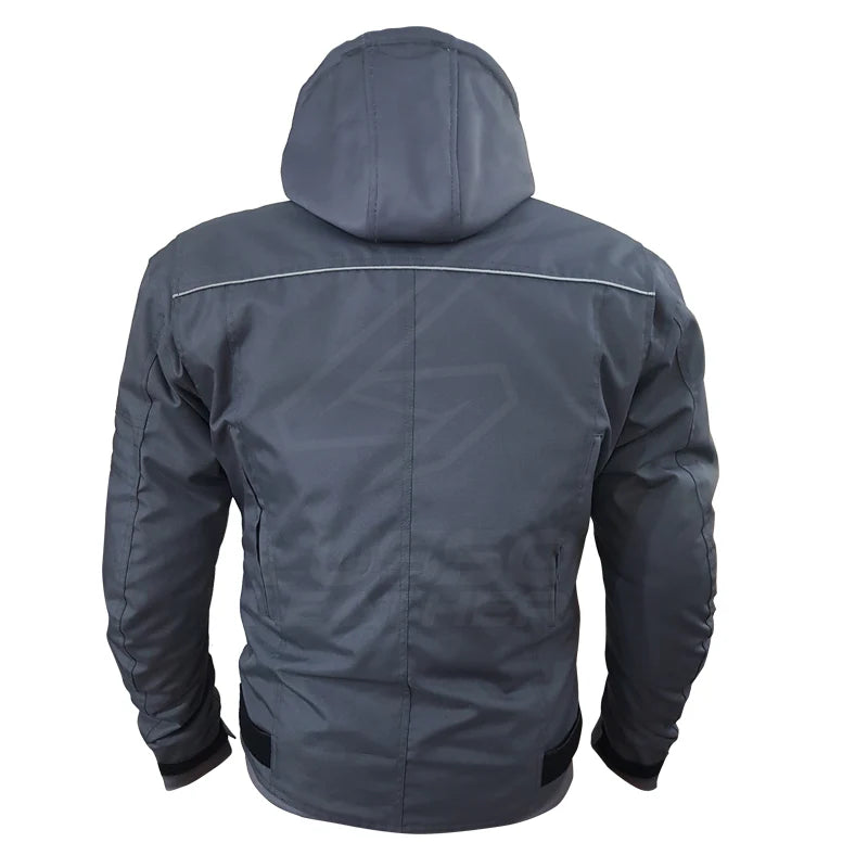 Back view of the grey textile-leather jacket showing large rear exhaust vents and a detachable fabric hood.