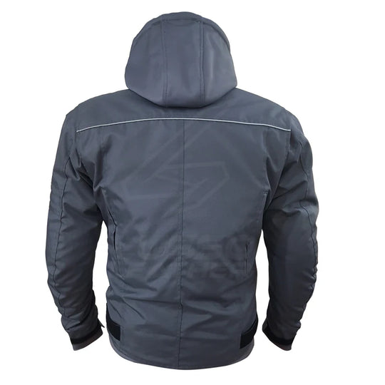 Back view of the grey textile-leather jacket showing large rear exhaust vents and a detachable fabric hood.