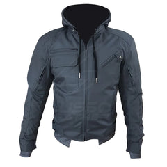 Grey Hooded Air-Ventilation Textile Leather Motorcycle Jacket