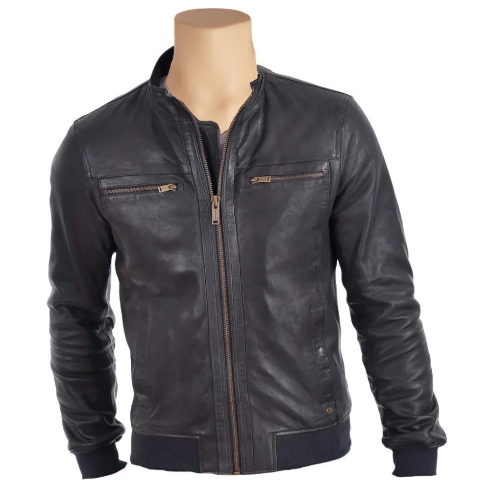 Grey Leather Jacket with Ribbed Cuffs and Hem front view grey leather jacket with ribbed hem and cuffs