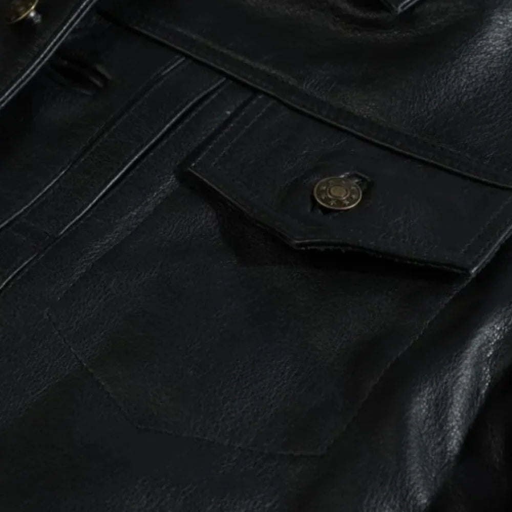 Griff Black Denim Style Leather Jacket close up of button closure denim style leather jacket