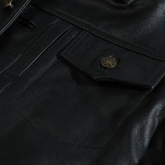 Griff Black Denim Style Leather Jacket close up of button closure denim style leather jacket