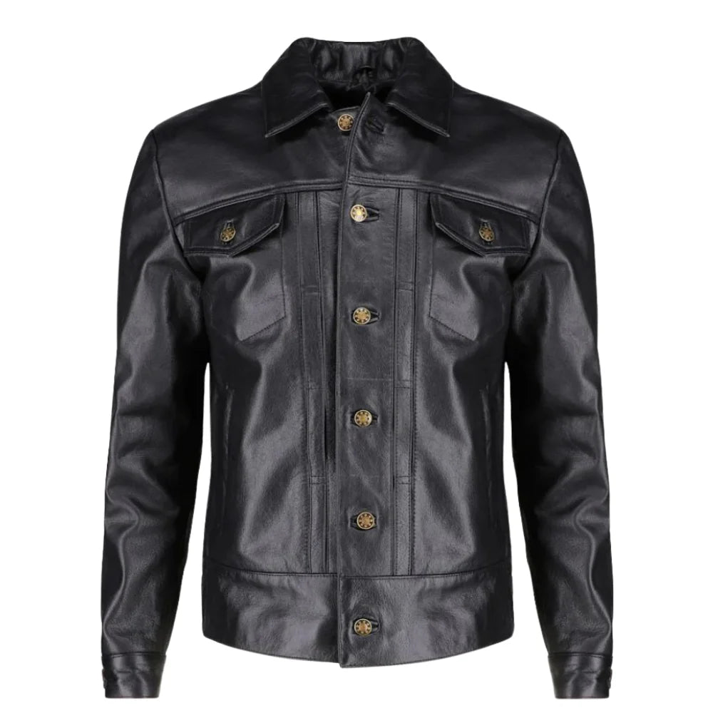 Griff Black Denim Style Leather Jacket front view black leather jacket with denim style design