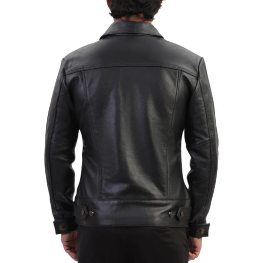 Model wearing Griff Black Denim Style Leather Jacket back view black leather jacket