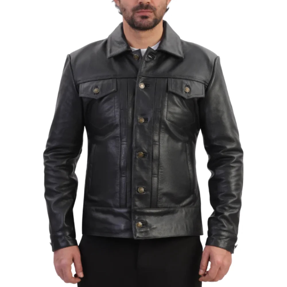 Model wearing Griff Black Denim Style Leather Jacket black leather jacket outfit