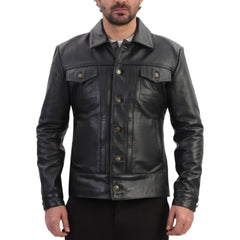 Model wearing Griff Black Denim Style Leather Jacket black leather jacket outfit