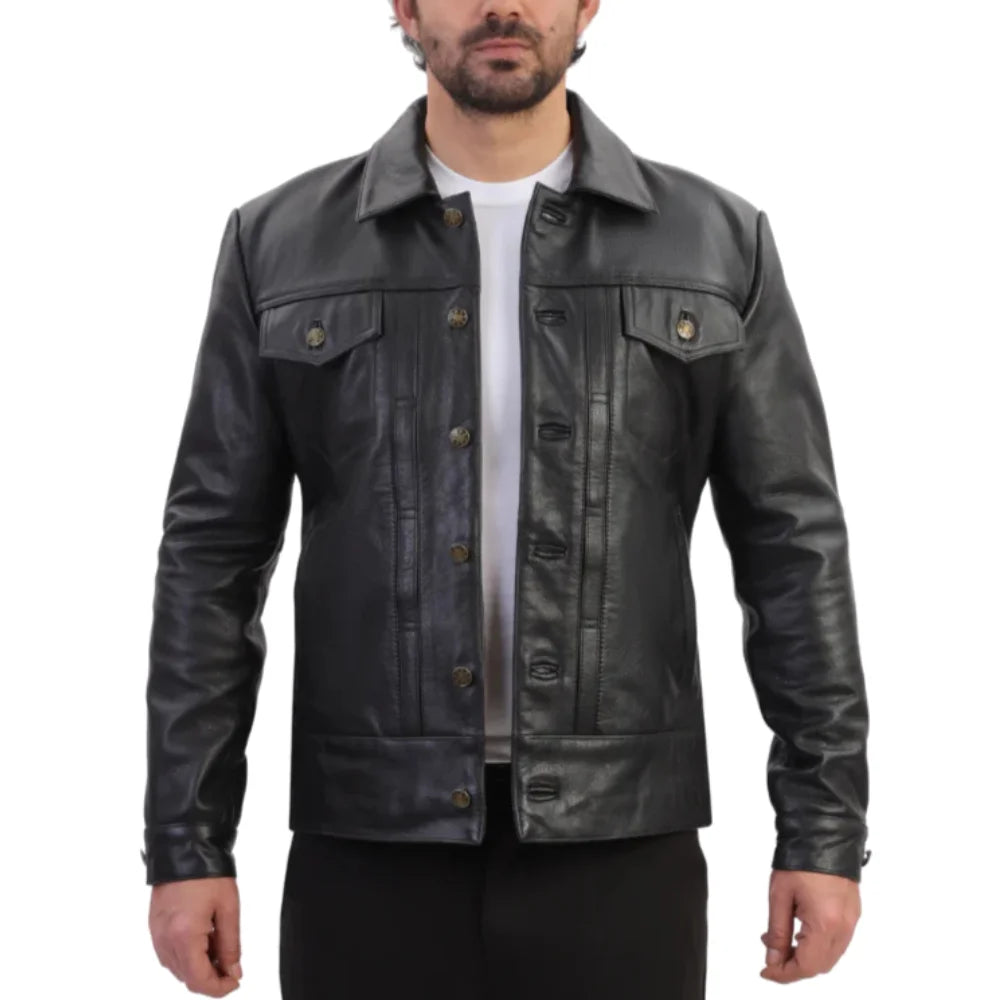 Model styling Griff Black Denim Style Leather Jacket denim style leather jacket look