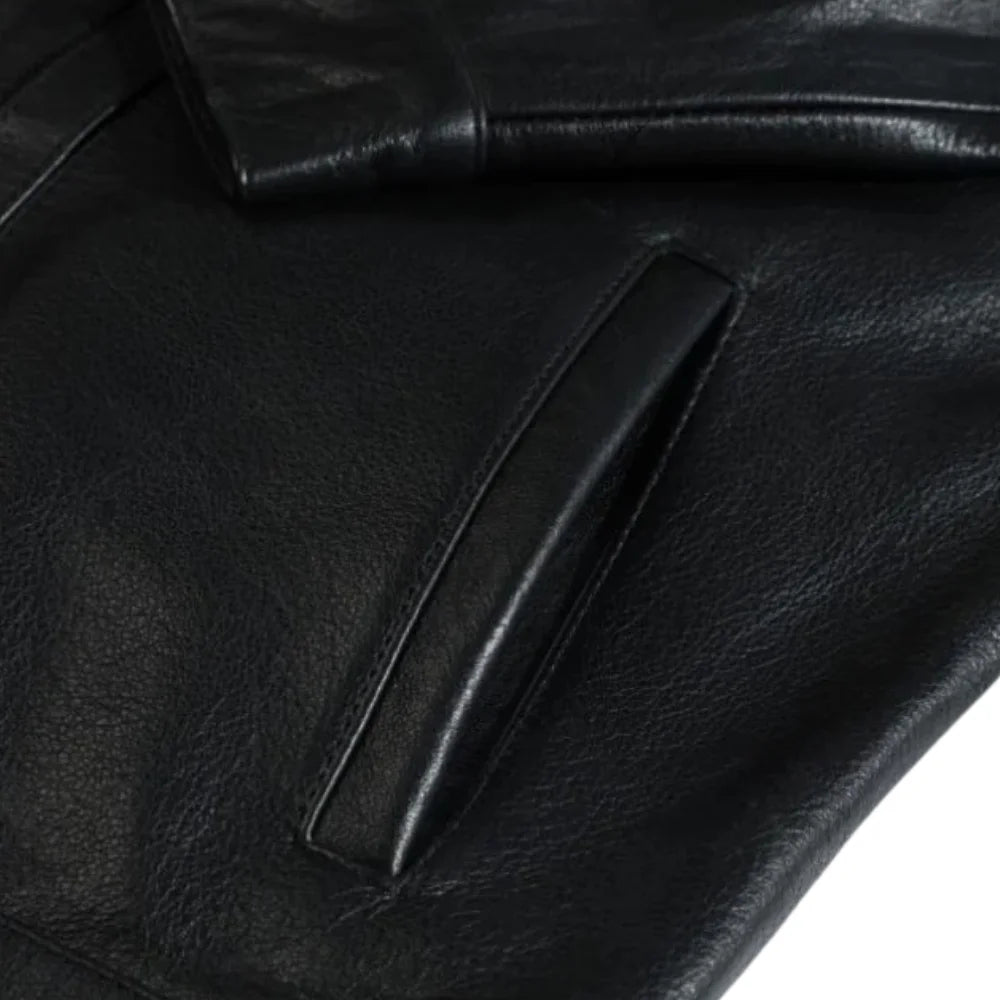 Griff Black Denim Style Leather Jacket close up of front pocket denim style leather jacket