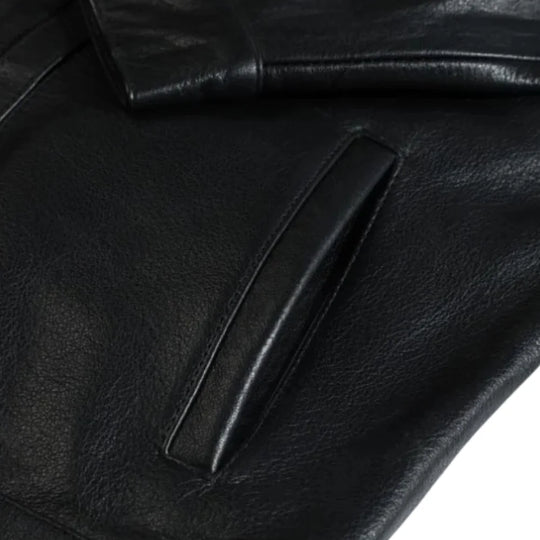 Griff Black Denim Style Leather Jacket close up of front pocket denim style leather jacket