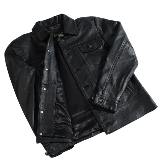 Griff Black Denim Style Leather Jacket side profile black leather jacket with denim style stitching