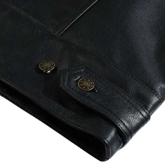 Griff Black Denim Style Leather Jacket close up sleeve stitching detail