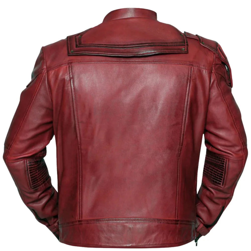 The back view of the Star Lord leather jacket showing the vertical tailored paneling and the weathered, distressed finish of the burgundy leather on white background.