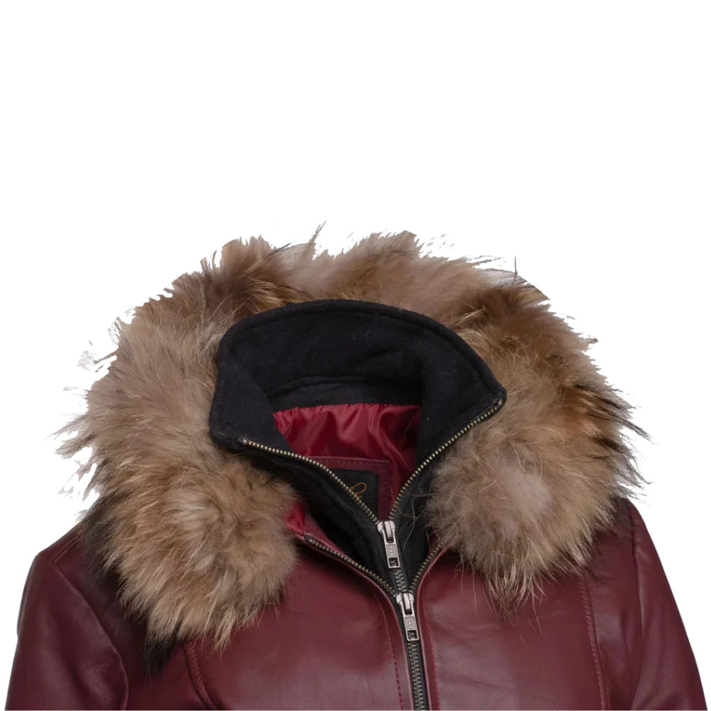 Burgundy leather double breasted coat with fur hood on a white background