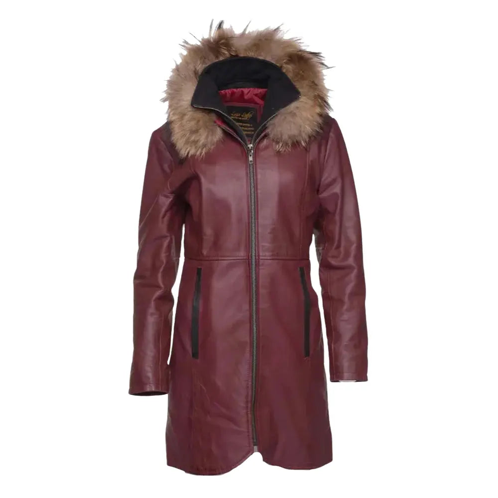 A premium women's burgundy double-breasted leather jacket featuring a luxurious brown fox fur trimmed hood and vertical zip pocket on a white background.