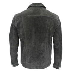 Rear view of Hart's Black suede trucker leather jacket on a mannequin against a white background