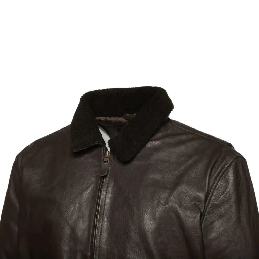 Side profile view of the Havana brown G1 Bomber leather jacket, highlighting the smooth leather texture and well-tailored fit.