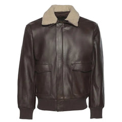 Front view of the Henri Brown A2 Bomber Leather Jacket, featuring a classic leather design with a shirt-style collar and ribbed cuffs.