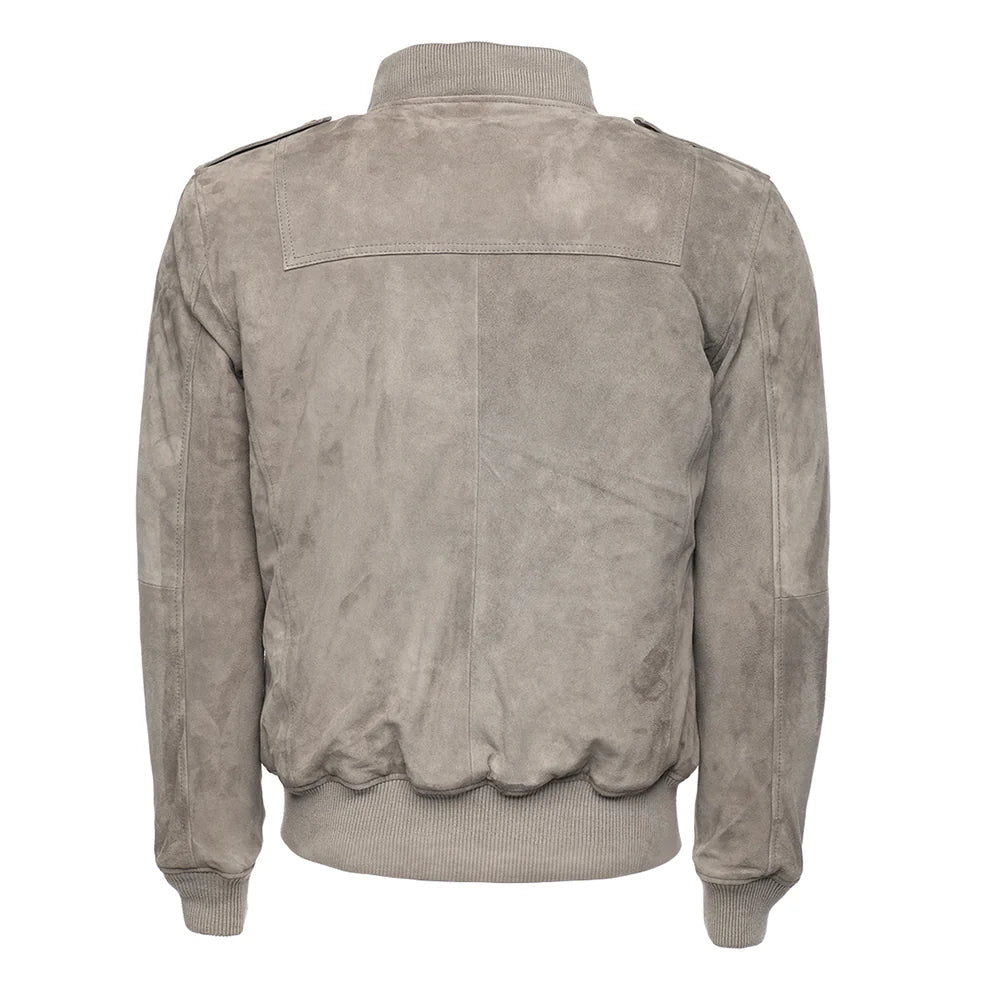 Rear view of Holden ash Gray suede bomber jacket on a white background
