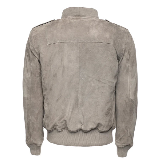 Rear view of Holden ash Gray suede bomber jacket on a white background