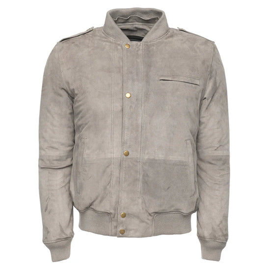 front view of Holden ash Gray suede bomber jacket with gold buttons on a white background