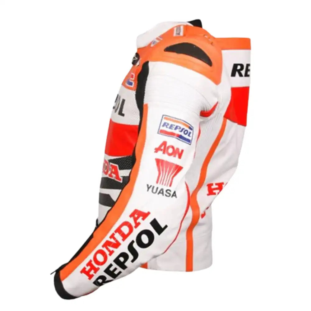 Close-up of the official sponsor patches, including HRC (Honda Racing Corporation) and Michelin, embroidered on high-grade cowhide leather.