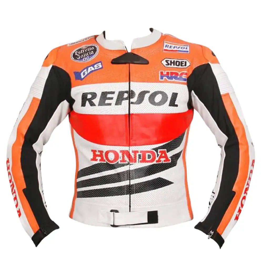 Front view of the Honda Repsol leather jacket featuring the signature orange, red, and white racing livery with prominent Repsol and Honda logos.