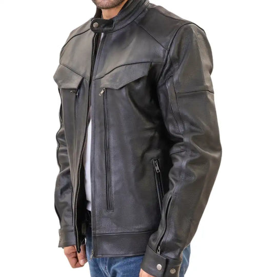 A model on a cruiser motorcycle wearing the Huxley jacket, demonstrating its rugged style and protective coverage for urban commuting.