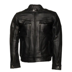 Front view of the Huxley black leather jacket, featuring a robust, structured fit with a center-zip closure and dual zippered chest pockets.