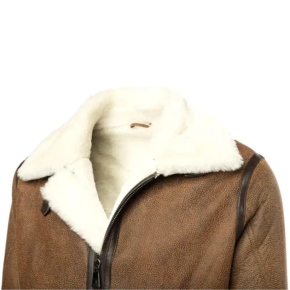 Detailed view of the Jacoba B3 shearling bomber jacket's double-buckled shearling collar, adding a rugged yet stylish edge to the design.